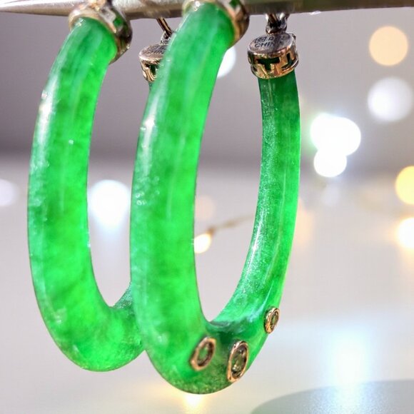 Vintage Jade and Peridot Hoop Earrings in Gold Washed Sterling Silver - Picture 2 of 10